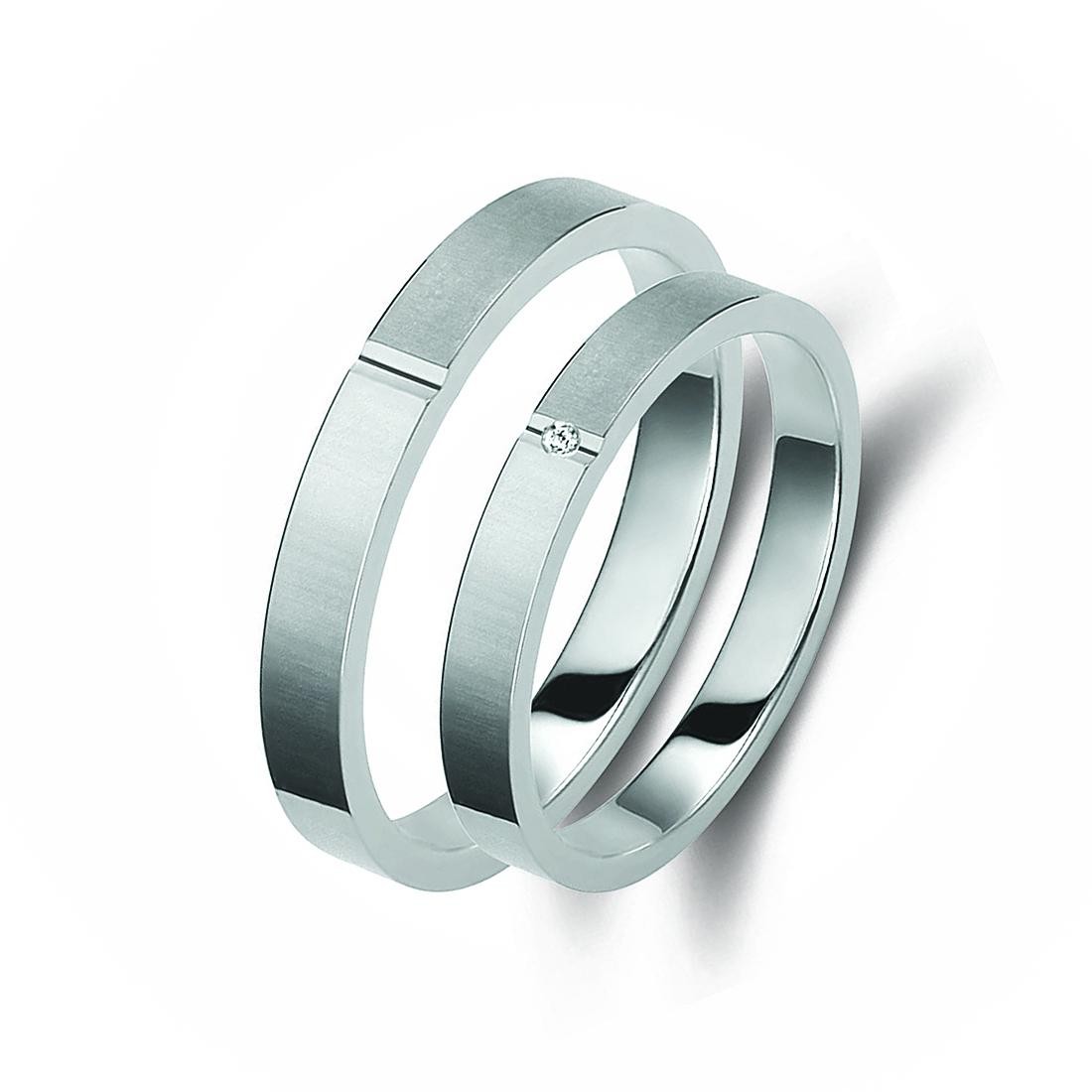 Ζευγάρι βέρες λευκόχρυσες 18 καρατίων, η γυναικεία με πέτρα ζιργκόν. Σχέδιο 338b-ba