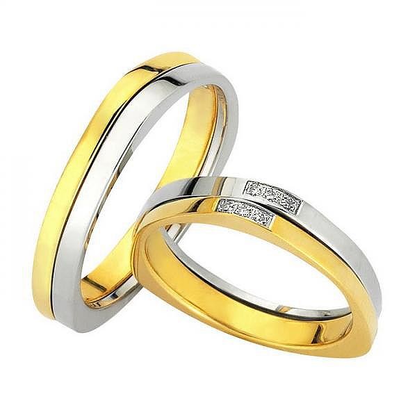 Ζευγάρι βέρες Bonise, δίχρωμες από κίτρινο χρυσό και λευκόχρυσο 14 καρατίων,η γυναικεία με πέτρα ζιργκόν. Σχέδιο bv100101an 