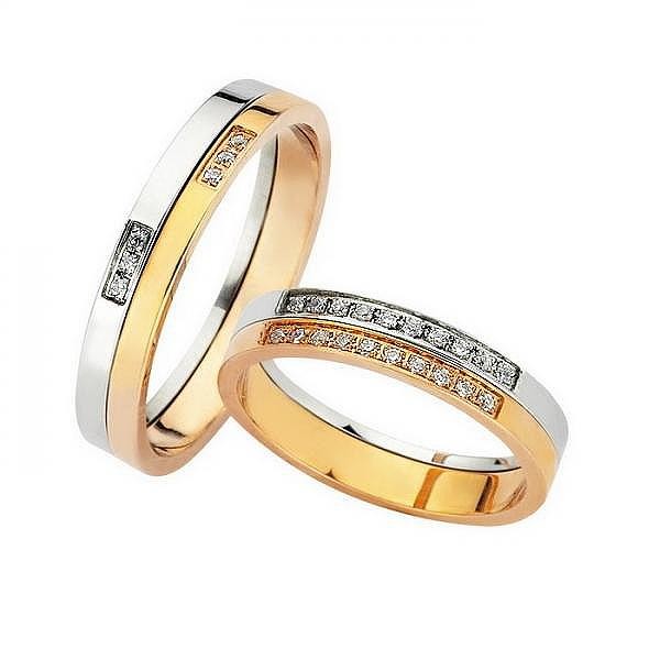 Ζευγάρι βέρες Bonise, δίχρωμες από κίτρινο χρυσό και λευκόχρυσο 14 καρατίων, η γυναικεία με 6 πέτρες ζιργκόν. Σχέδιο bv102103an-6p