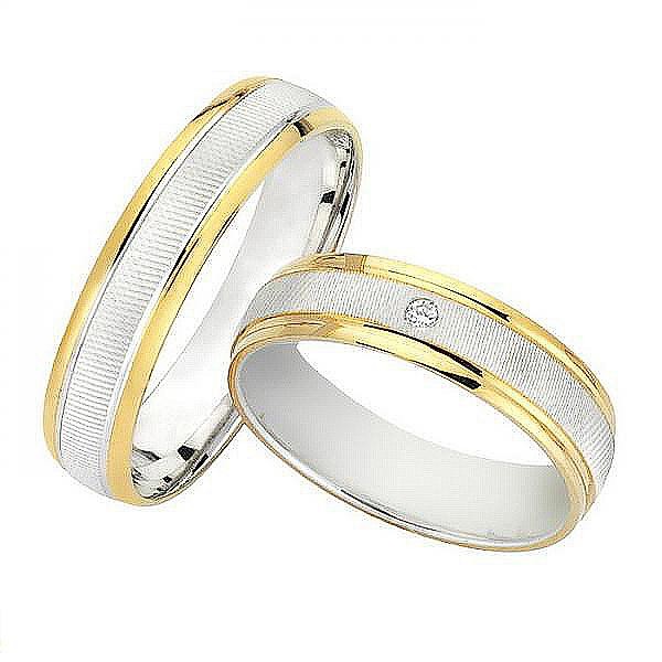 Ζευγάρι βέρες Bonise, δίχρωμες από χρυσό και λευκόχρυσο 14 καρατίων, η γυναικεία με διαμάντι. Σχέδιο f3818 