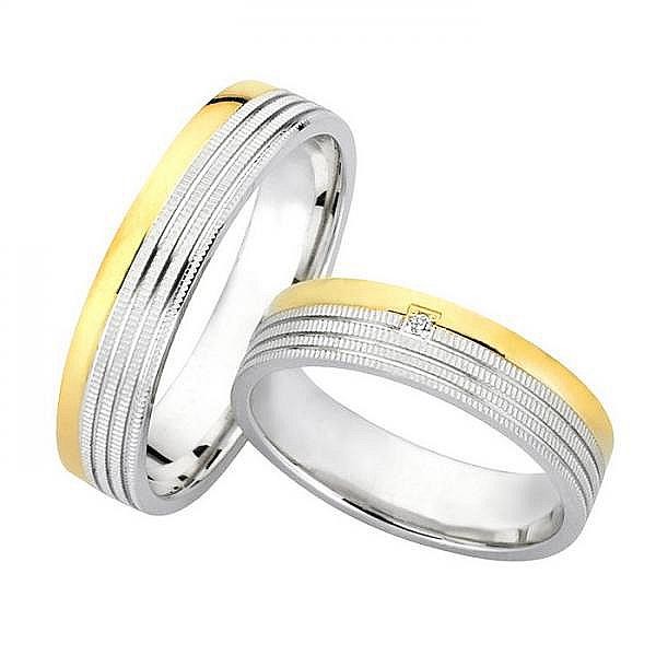 Ζευγάρι βέρες Bonise, δίχρωμες από χρυσό και λευκόχρυσο 14 καρατίων, η γυναικεία με διαμάντι. Σχέδιο f3824 