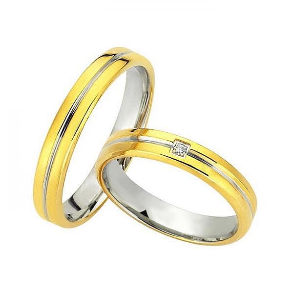 Ζευγάρι βέρες Bonise, δίχρωμες από χρυσό και λευκόχρυσο 14 καρατίων, η γυναικεία με πέτρα ζιργκόν. Σχέδιο wd12040ia 