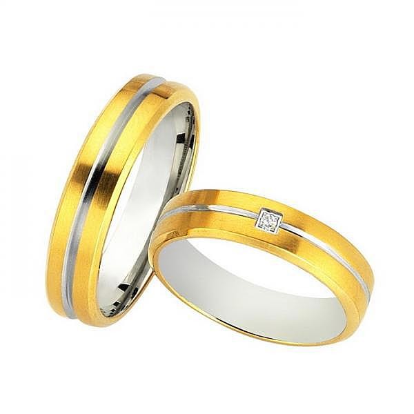 Ζευγάρι βέρες Bonise, δίχρωμες από χρυσό και λευκόχρυσο 14 καρατίων, η γυναικεία με διαμάντι. Σχέδιο wd12050ia 