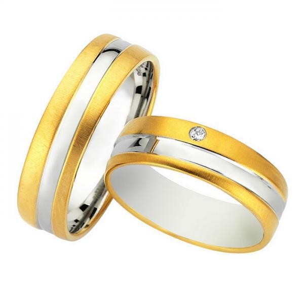 Ζευγάρι βέρες Bonise, δίχρωμες από χρυσό και λευκόχρυσο 14 καρατίων, η γυναικεία με διαμάντι. Σχέδιο wd240360il