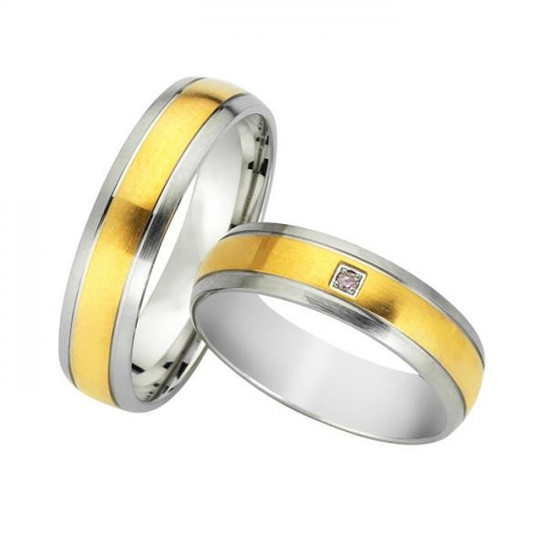 Ζευγάρι βέρες Bonise, δίχρωμες από χρυσό και λευκόχρυσο 14 καρατίων, η γυναικεία με πέτρα ζιργκόν. Σχέδιο wd416052lb 