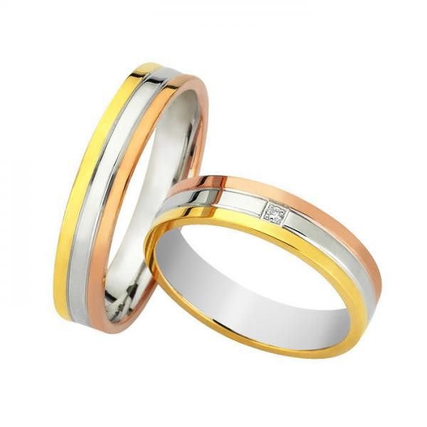 Ζευγάρι βέρες Bonise, δίχρωμες από χρυσό και λευκόχρυσο 14 καρατίων, η γυναικεία με πέτρα ζιργκόν. Σχέδιο wd416445za 