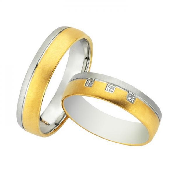 Ζευγάρι βέρες Bonise, δίχρωμες από χρυσό και λευκόχρυσο 14 καρατίων, η γυναικεία με πέτρα ζιργκόν. Σχέδιο wd421252cm 