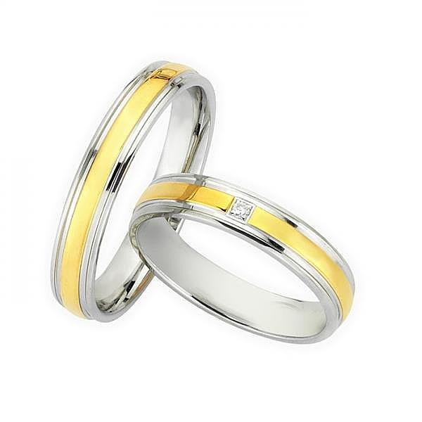 Ζευγάρι βέρες Bonise, δίχρωμες από χρυσό και λευκόχρυσο 14 καρατίων, η γυναικεία με πέτρα ζιργκόν. Σχέδιο wd51540la 