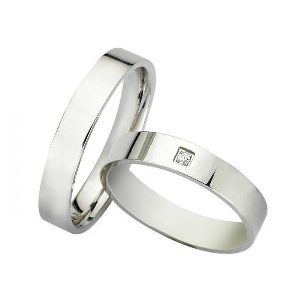 Ζευγάρι βέρες Bonise, λευκόχρυσες 9 καρατίων, η γυναικεία με διαμάντι. Σχέδιο wdp4ba 