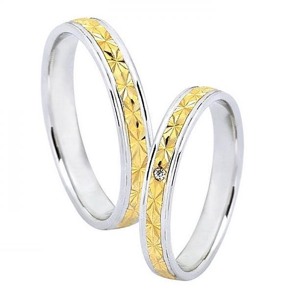 Ζευγάρι βέρες Dekagold, δίχρωμες από χρυσό και λευκόχρυσο 14 καρατίων, η γυναικεία με πέτρα ζιργκόν. Σχέδιο gd226-067 