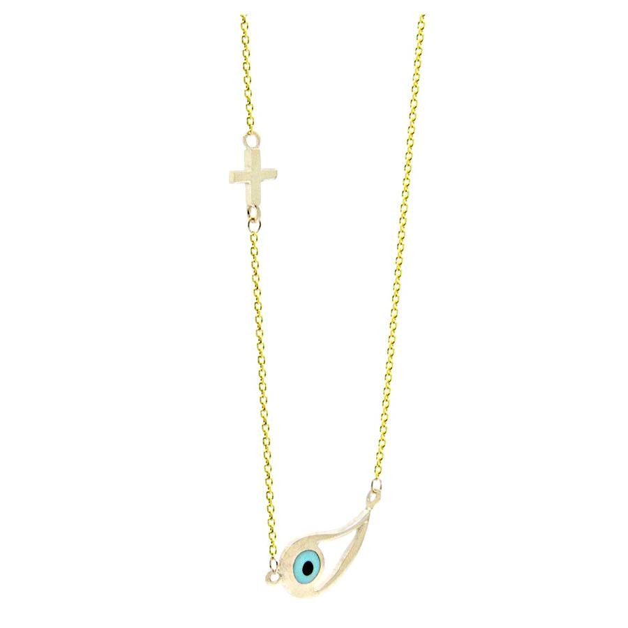 Κολιέ χρυσό μάτι και σταυρός