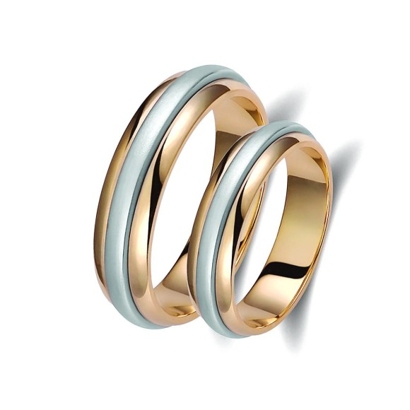 Ζευγάρι βέρες δίχρωμες ροζ χρυσό και λευκόχρυσο 14 καρατίων. Σχέδιο 044p-pa 