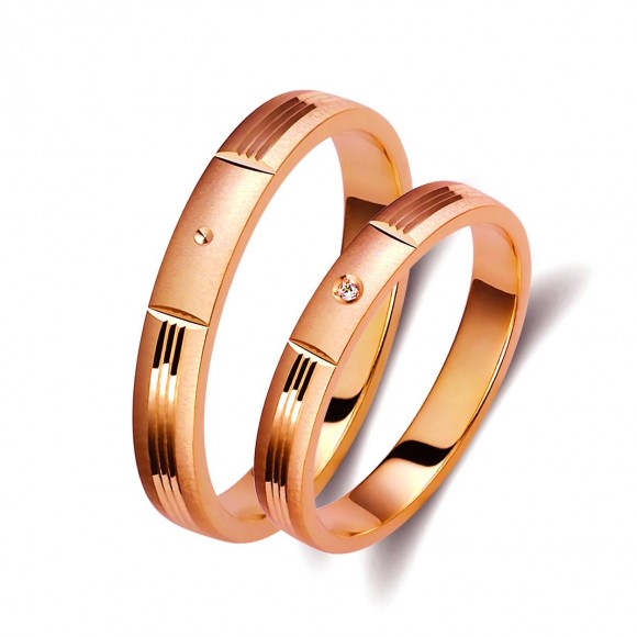 Ζευγάρι βέρες ροζ χρυσό 14 καρατίων, η γυναικεία με διαμάντι. Σχέδιο 0335d-dak14d