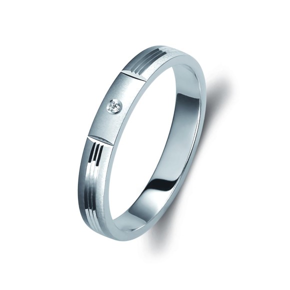 Ζευγάρι βέρες λευκόχρυσες 18 καρατίων, η γυναικεία με πέτρα ζιργκόν. Σχέδιο 0335b-ba