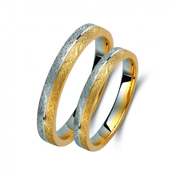 Ζευγάρι βέρες δίχρωμες από χρυσό και λευκόχρυσο, σε ice mat, 8 καρατίων. Σχέδιο 371a-aa