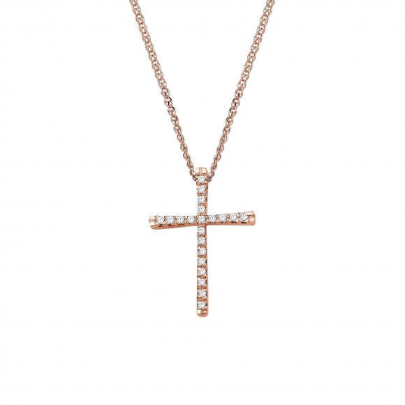 Σταυρός με 16 διαμάντια (μπριγιάν) βάρους 0,08ct, από ροζ χρυσό 18 καρατίων.