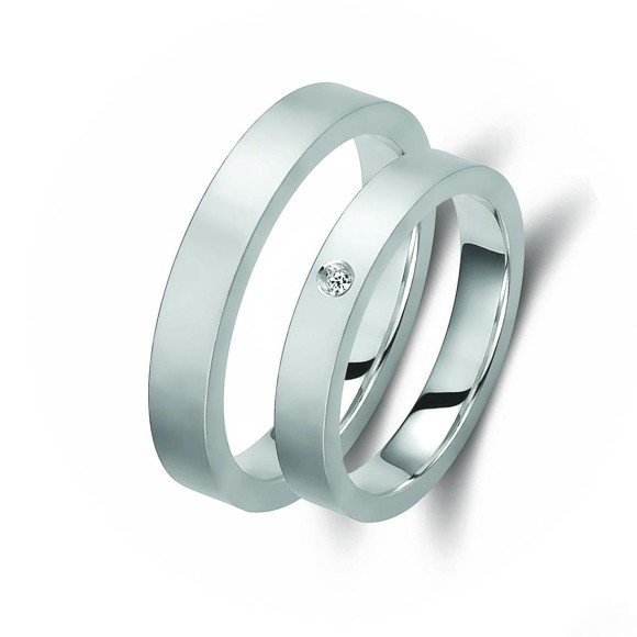 Ζευγάρι βέρες λευκόχρυσες 14 καρατίων, η γυναικεία με πέτρα ζιργκόν. Σχέδιο 185b-ba 