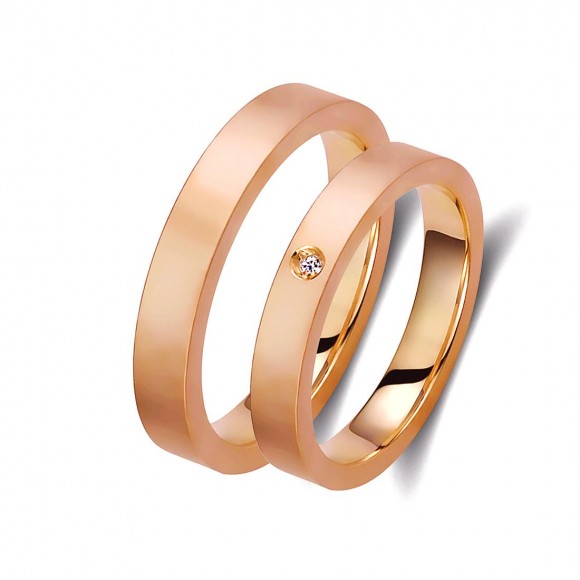 Ζευγάρι βέρες ροζ χρυσό 18 καρατίων, η γυναικεία με διαμάντι. Σχέδιο 185p-pa