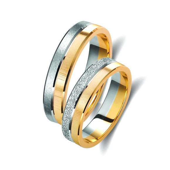 Ζευγάρι βέρες δίχρωμες χρυσό και λευκόχρυσο 14 καρατίων, η γυναικεία με διαμάντι.Σχέδιο 213a-aa