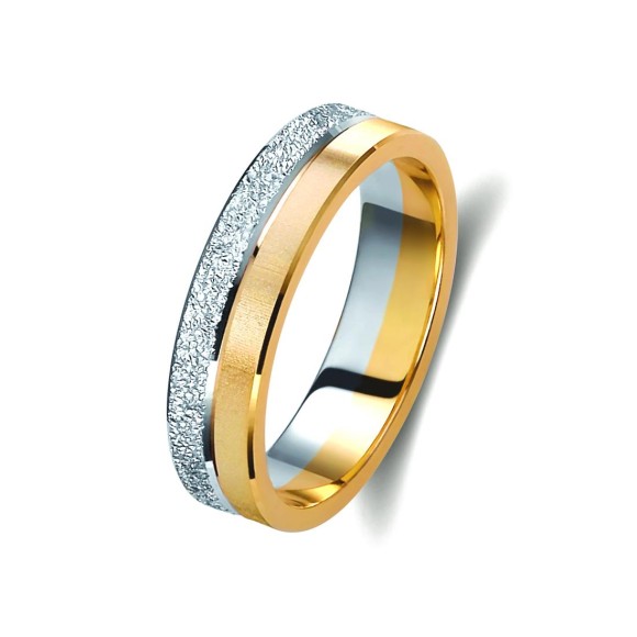 Ζευγάρι βέρες δίχρωμες χρυσό και λευκόχρυσο 14 καρατίων, η γυναικεία με διαμάντι.Σχέδιο 213a-aa