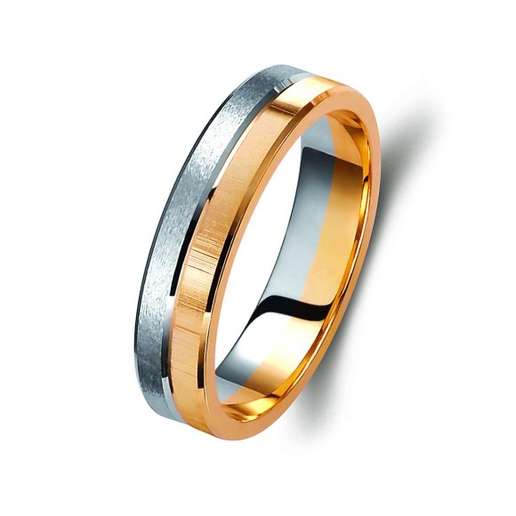 Ζευγάρι βέρες δίχρωμες ροζ χρυσό και λευκόχρυσο 14 καρατίων, η γυναικεία με πέτρα ζιργκόν.Σχέδιο 213p-pa 