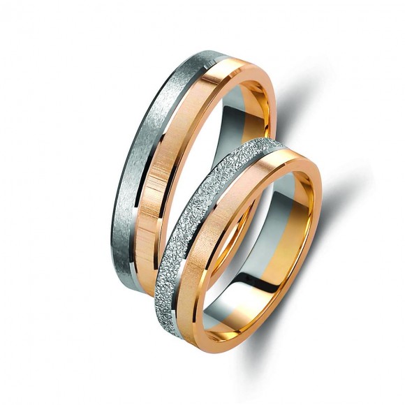 Ζευγάρι βέρες δίχρωμες ροζ χρυσό και λευκόχρυσο 14 καρατίων, η γυναικεία με διαμάντι.Σχέδιο 213p-pa