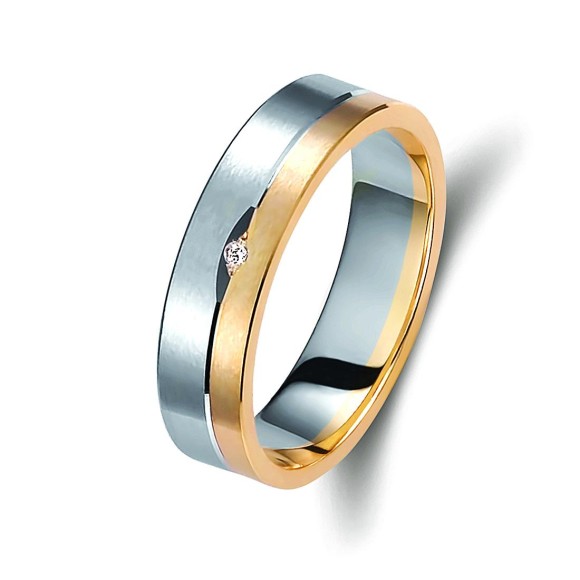 Ζευγάρι βέρες δίχρωμες χρυσό και λευκόχρυσο 14 καρατίων, η γυναικεία με διαμάντι.Σχέδιο 242a-aa 