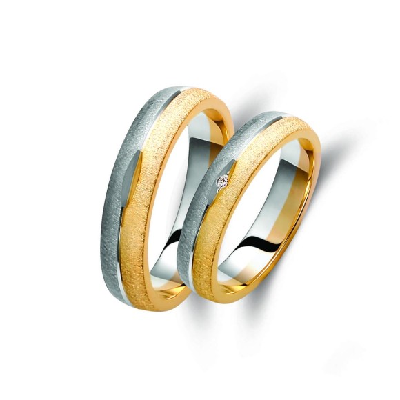 Ζευγάρι βέρες δίχρωμες χρυσό και λευκόχρυσο, η γυναικεία με διαμάντι.Σχέδιο 254a-aa 