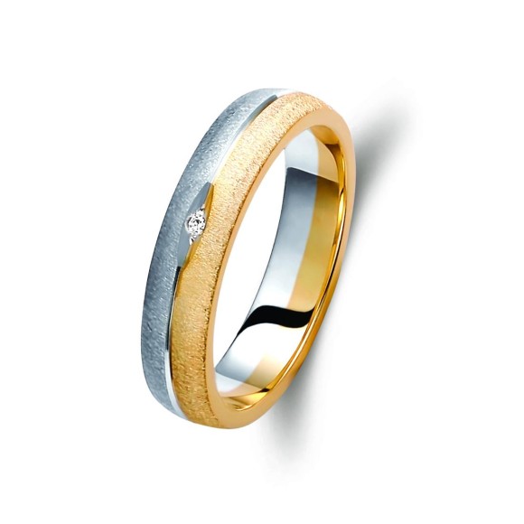 Ζευγάρι βέρες δίχρωμες χρυσό και λευκόχρυσο 8 καρατίων, η γυναικεία με πέτρα ζιργκόν.Σχέδιο 254a-aa 