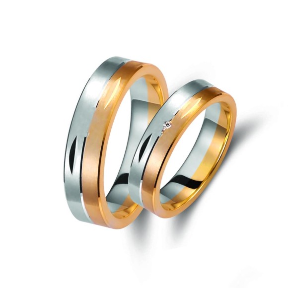 Ζευγάρι βέρες δίχρωμες ροζ χρυσό και λευκόχρυσο, η γυναικεία με πέτρα ζιργκόν.Σχέδιο 292p-pa 