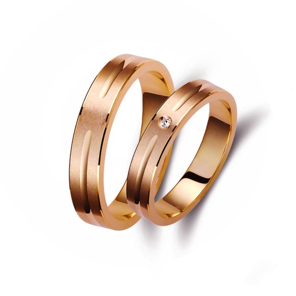 Ζευγάρι βέρες ροζ χρυσό 14 καρατίων, η γυναικεία με διαμάντι. Σχέδιο 319p-pa 