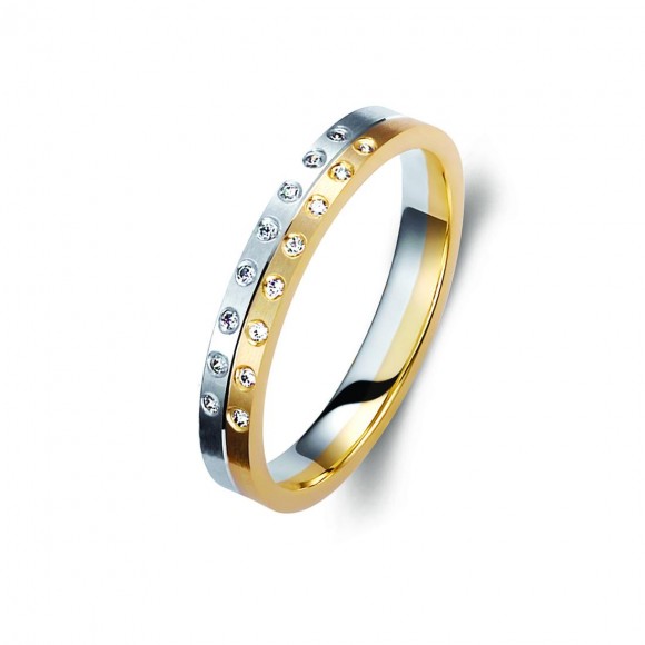 Ζευγάρι βέρες δίχρωμες χρυσό και λευκόχρυσο 14 καρατίων, η γυναικεία με διαμάντι.Σχέδιο 344a-aa 