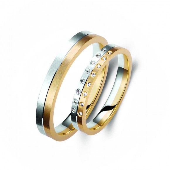 Ζευγάρι βέρες δίχρωμες χρυσό και λευκόχρυσο 14 καρατίων, η γυναικεία με διαμάντι.Σχέδιο 344a-aa 