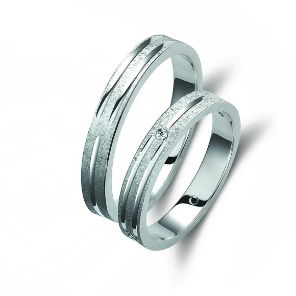 Ζευγάρι βέρες λευκόχρυσες 14 καρατίων, η γυναικεία με πέτρα ζιργκόν. Σχέδιο 346b-ba 