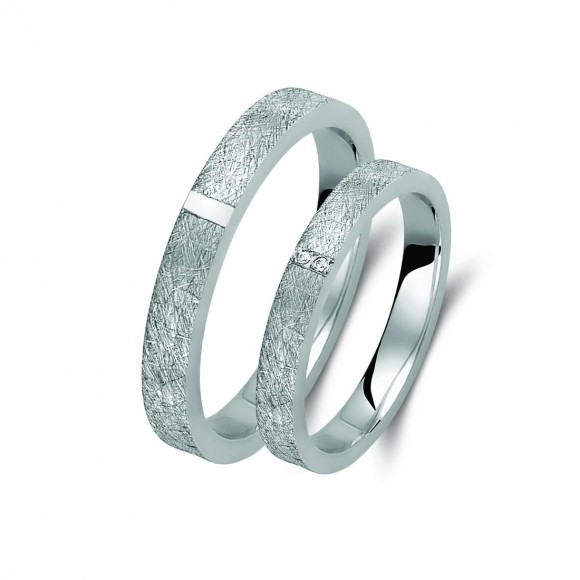 Ζευγάρι βέρες λευκόχρυσες 14 καρατίων, η γυναικεία με πέτρα ζιργκόν. Σχέδιο 378b-ba