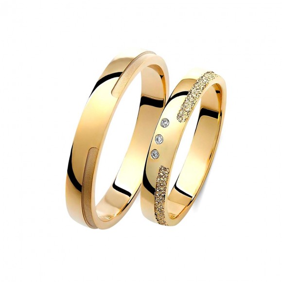 Ζευγάρι βέρες χρυσές 14 καρατίων, η γυναικεία με πέτρα ζιργκόν. Σχέδιο 419c-ca