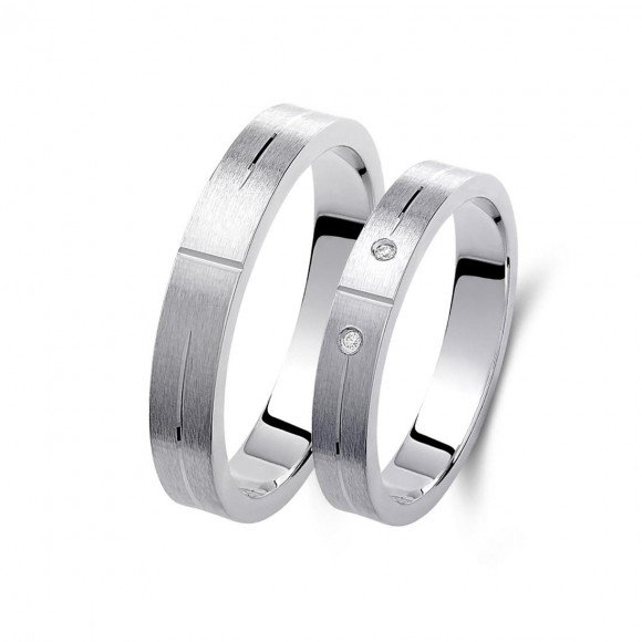 Ζευγάρι βέρες λευκόχρυσες 14 καρατίων, η γυναικεία με πέτρα ζιργκόν. Σχέδιο 449b-ba 