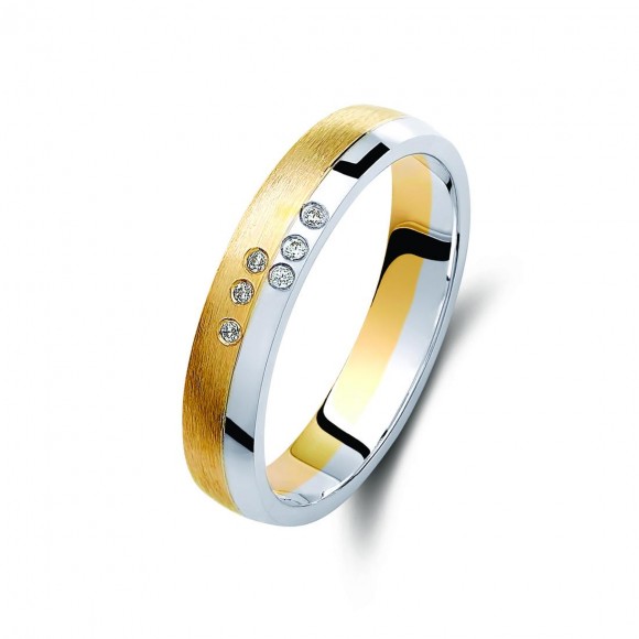 Ζευγάρι βέρες δίχρωμες χρυσό και λευκόχρυσο 14 καρατίων, η γυναικεία με διαμάντι.Σχέδιο 450a-aa 