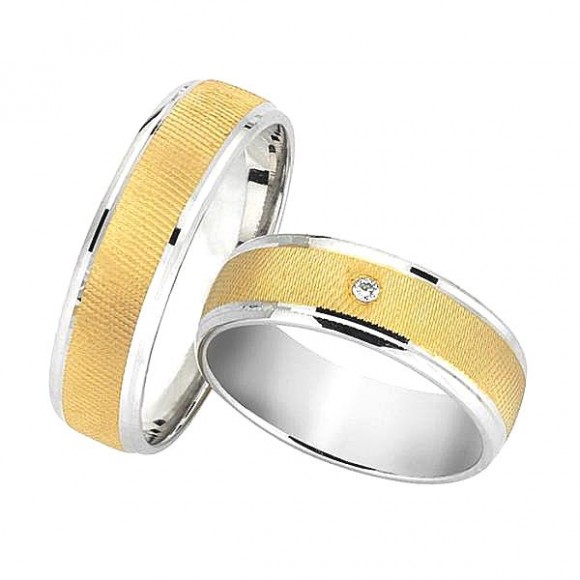 Ζευγάρι βέρες Bonise, δίχρωμες από χρυσό και λευκόχρυσο 14 καρατίων, η γυναικεία με διαμάντι. Σχέδιο f3816