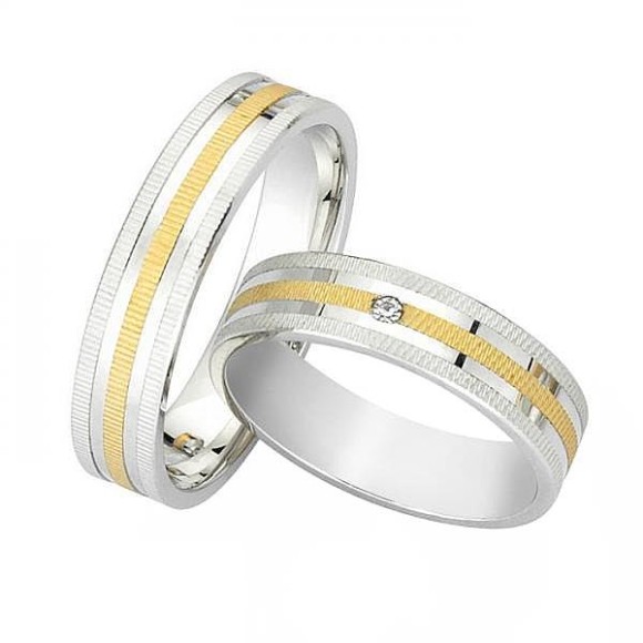 Ζευγάρι βέρες Bonise, δίχρωμες από χρυσό και λευκόχρυσο 14 καρατίων, η γυναικεία με πέτρα ζιργκόν. Σχέδιο f3823 