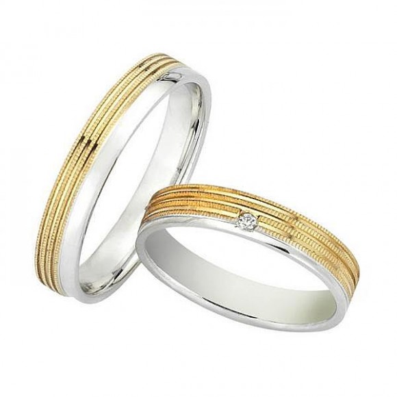 Ζευγάρι βέρες Bonise, δίχρωμες από χρυσό και λευκόχρυσο 14 καρατίων, η γυναικεία με πέτρα ζιργκόν. Σχέδιο f3825 