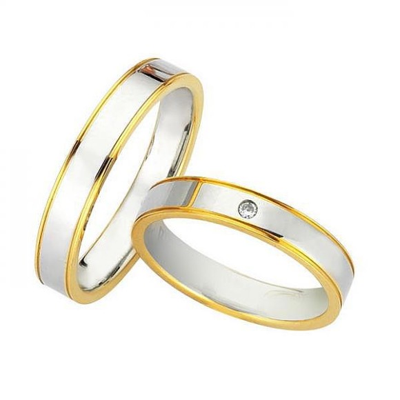 Ζευγάρι βέρες Bonise, δίχρωμες από χρυσό και λευκόχρυσο 14 καρατίων, η γυναικεία με πέτρα ζιργκόν. Σχέδιο wd104740ia 