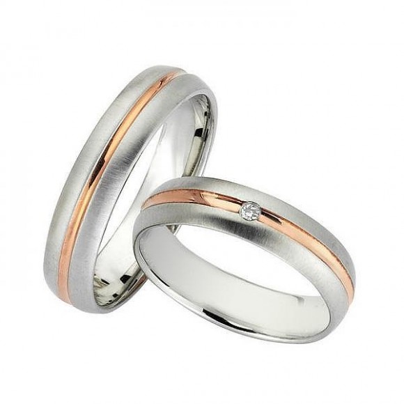 Ζευγάρι βέρες Bonise, δίχρωμες από ροζ χρυσό και λευκόχρυσο 14 καρατίων, η γυναικεία με διαμάντι. Σχέδιο wd1250pm 