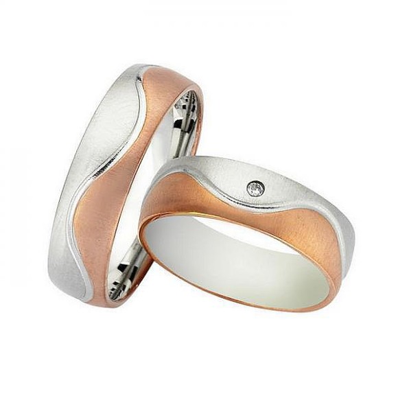 Ζευγάρι βέρες Bonise, δίχρωμες από ροζ χρυσό και λευκόχρυσο 14 καρατίων, η γυναικεία με πέτρα ζιργκόν. Σχέδιο wd239460dm 