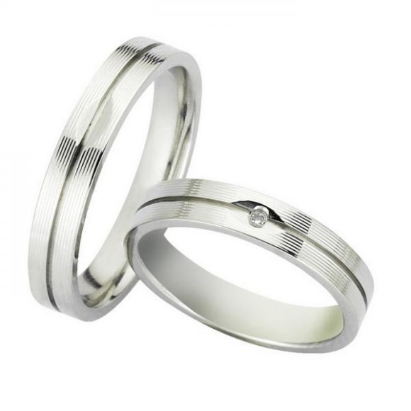 Ζευγάρι βέρες Bonise, λευκόχρυσες 9 καρατίων, η γυναικεία με πέτρα ζιργκόν. Σχέδιο wd239640be 