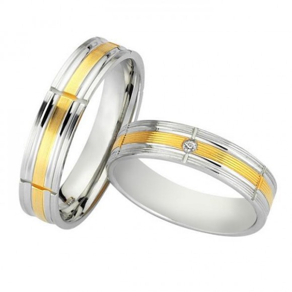 Ζευγάρι βέρες Bonise, δίχρωμες από χρυσό και λευκόχρυσο 14 καρατίων, η γυναικεία με πέτρα ζιργκόν. Σχέδιο wd403150le 