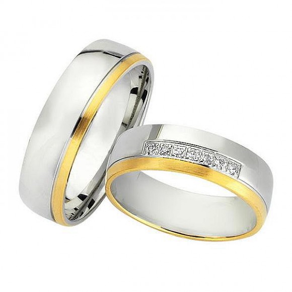 Ζευγάρι βέρες Bonise, δίχρωμες από κίτρινο χρυσό και λευκόχρυσο 14 καρατίων, η γυναικεία με διαμάντι. Σχέδιο wd421260af