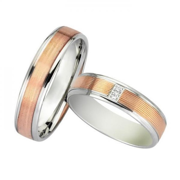 Ζευγάρι βέρες Bonise, δίχρωμες από ροζ χρυσό και λευκόχρυσο 14 καρατίων, η γυναικεία με διαμάντι. Σχέδιο wd906250pe 