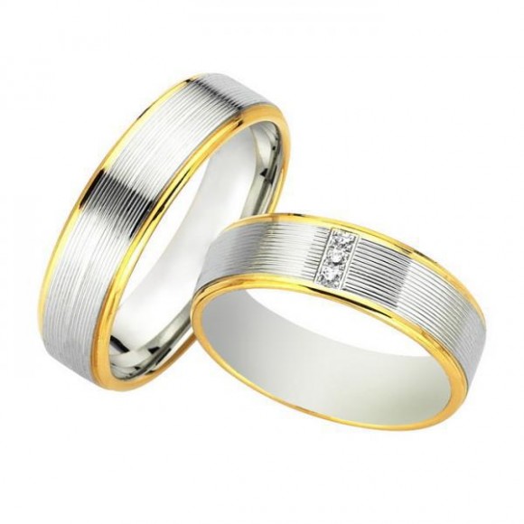 Ζευγάρι βέρες Bonise, δίχρωμες από χρυσό και λευκόχρυσο 14 καρατίων, η γυναικεία με διαμάντι. Σχέδιο wd906260ie 