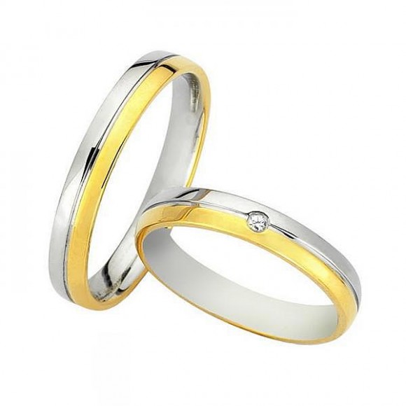 Ζευγάρι βέρες Bonise, δίχρωμες από χρυσό και λευκόχρυσο 14 καρατίων, η γυναικεία με πέτρα ζιργκόν. Σχέδιο wd9236aa 